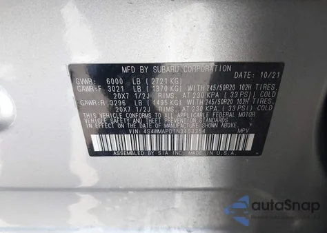 2022 Subaru Ascent Limited from USA, damaged, VIN 4S4WMAPD1N3403354